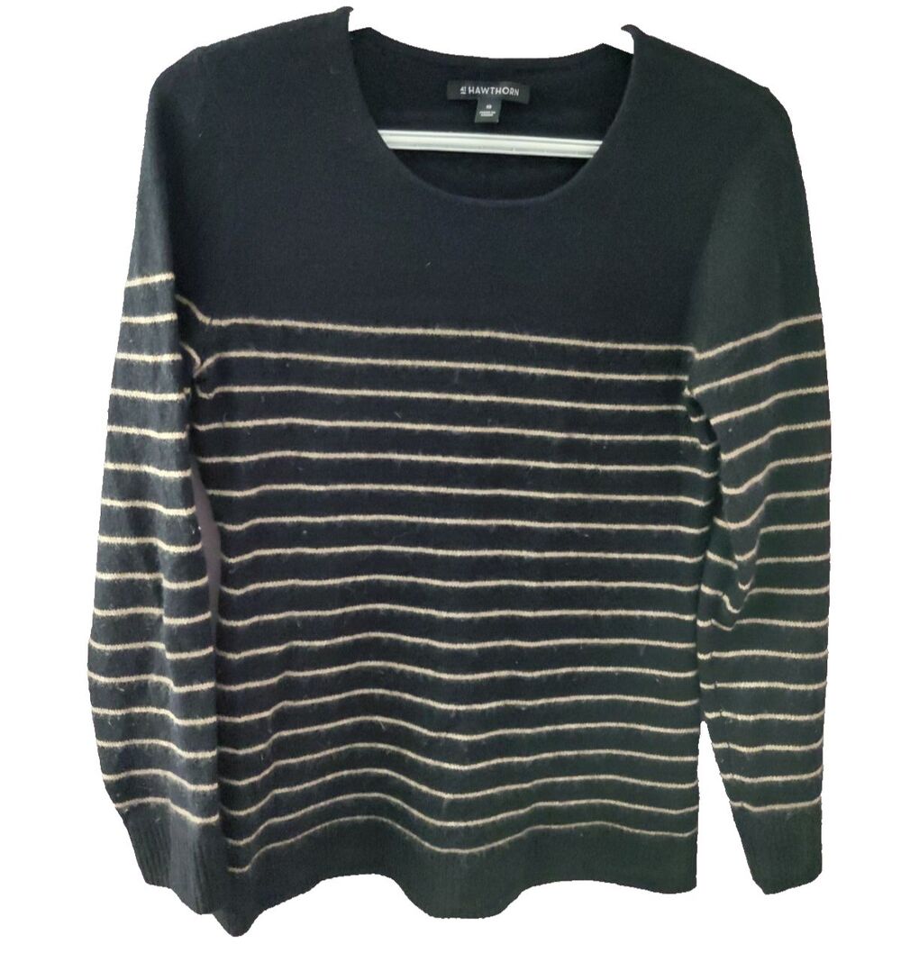 41 Hawthorn Womens XS 100% Cashmere Pull Over Dk Blue Tan Striped